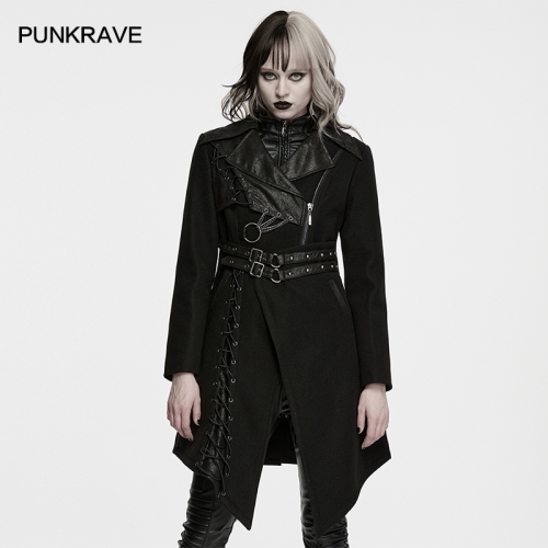 Punk Rave WY-1973XCF Strap Design Plush Lining For Warmth Punk Asymmetrical Jacket