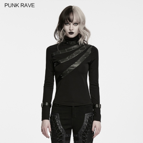 Punk Rave High-Elastic Knitted Fabric Punk Asymmetric Segmentation T-Shirt