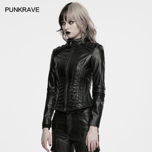 Punk Rave WY-2001PCF Waist Design Stand Collar Cyberpunk Faux Leather Jacket