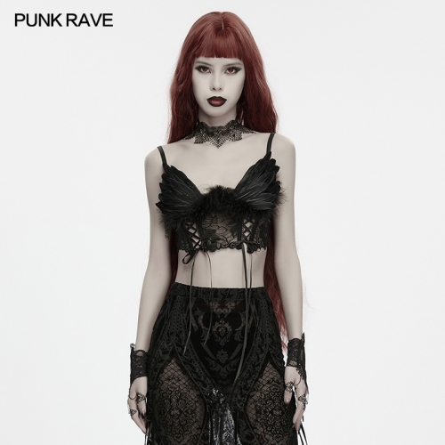 Punk Rave WT-1144BXF Intricate Lace Pattern Vintage Fallen Angel Fluffy Feather Lace Up Bralet