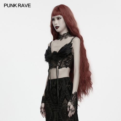 Punk Rave WT-1144BXF Intricate Lace Pattern Vintage Fallen Angel Fluffy Feather Lace Up Bralet