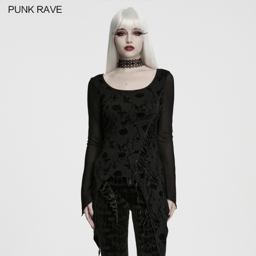 Punk Rave Gothic Dark Layered Effect Rose Printed T-Shirt