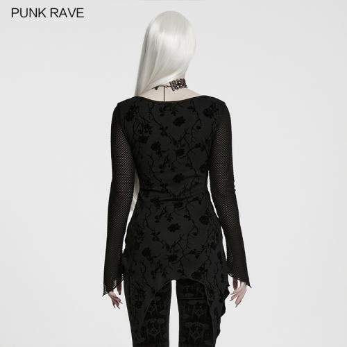 Punk Rave Gothic Dark Layered Effect Rose Printed T-Shirt