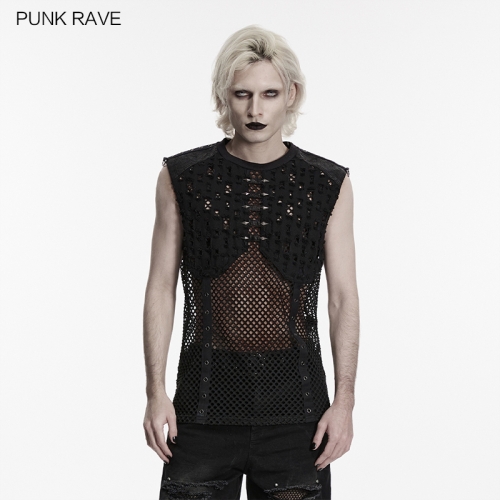 Punk Rave WT-1088BXM Diamond Shaped Studs Rough Edge Punk Mesh Perforated Vest