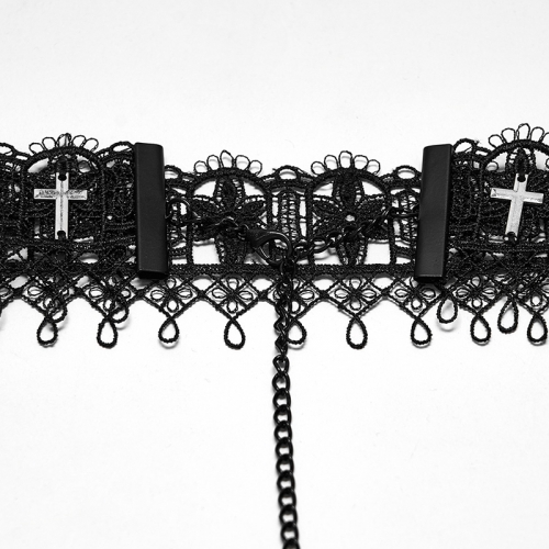 Punk Rave WT-1057TDF Lace And Metal Crosses Cathedral Cross Lace Choker