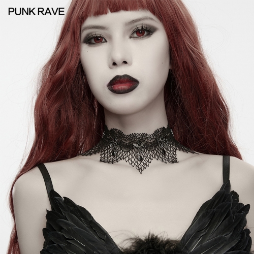 Punk Rave WT-1109TCM Hollow Netting Wavy Lace Edge Dark Night Bat Lace Choker