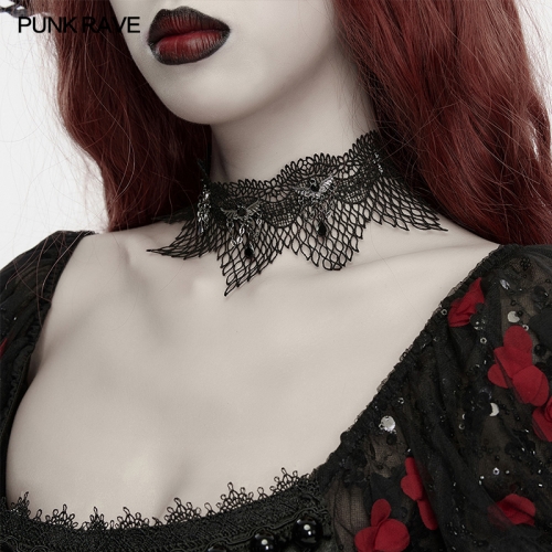 Punk Rave WT-1109TCM Hollow Netting Wavy Lace Edge Dark Night Bat Lace Choker