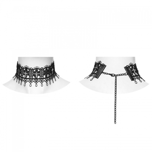 Punk Rave WT-1057TDF Lace And Metal Crosses Cathedral Cross Lace Choker