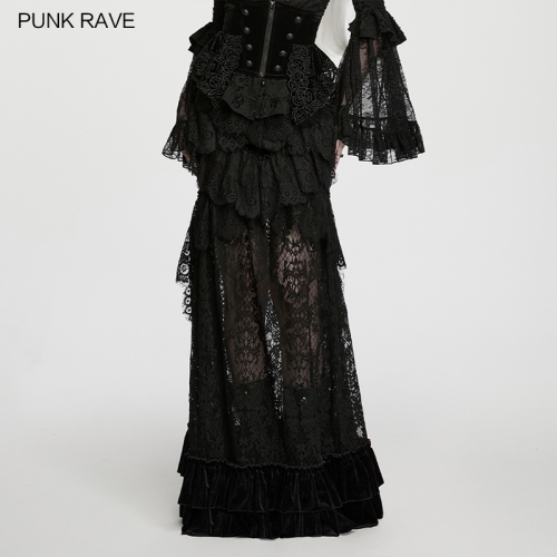Punk Rave WQ-1007BQF Embossed Velvet And Lace Goth Layered Lace Skirt