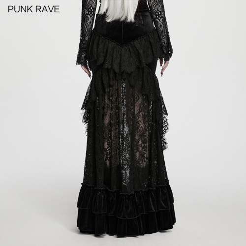 Punk Rave WQ-1007BQF Embossed Velvet And Lace Goth Layered Lace Skirt