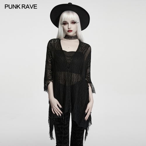 Punk Rave WM-100TMF Bat Wing Sleeves V-Neck Drawstring Design Goth Tassel Bat Sweater