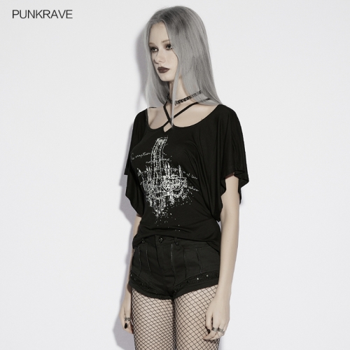 Punk Rave OPT-1002TDF Soft And Elastic Modal Knitted Fabric Gothic Patterned T-Shirt