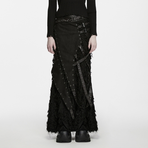 Punk Rave WQ-1003BQF Tattered Woven Fabric And Distressed Knit Fabric Punk Asymmetric Decadent Skirt