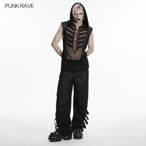 Punk Rave WK-796XCM Matte Suede And Honeycomb Thick Mesh Punk Dark Wide Leg Pants