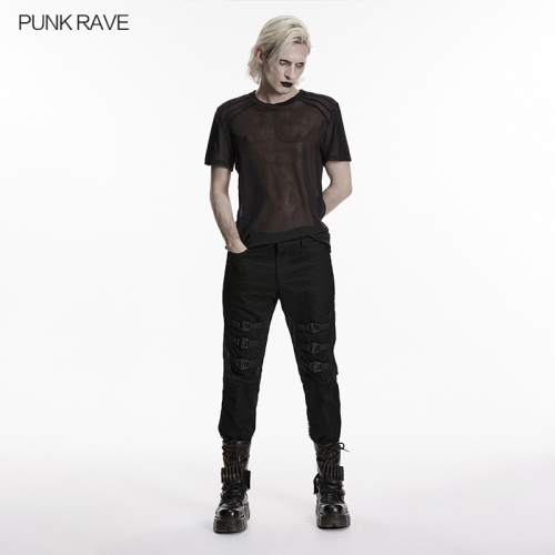 Punk Rave WK-795XCM Woven Fabric And Mesh Punk Minimalist Buckle Pants