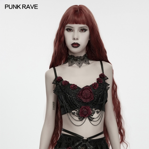 Punk Rave WS-985NYF Lace And Rose Flowers Bloody Rose Goth Lace Chain Bracelet