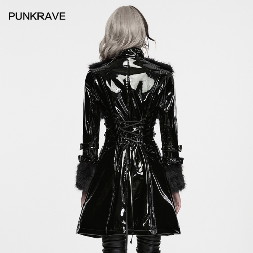 Punk Rave WY-1995PCF Black Patent Leather And Faux Silver Fox Fur Punk Patent Leather Jacket