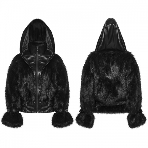 Punk Rave WY-1996XDF Hooded Stand Collar Punk Faux Fur Leather Coat