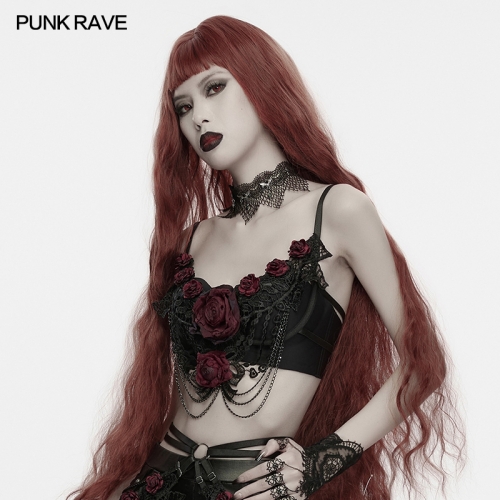 Punk Rave WS-985NYF Lace And Rose Flowers Bloody Rose Goth Lace Chain Bracelet