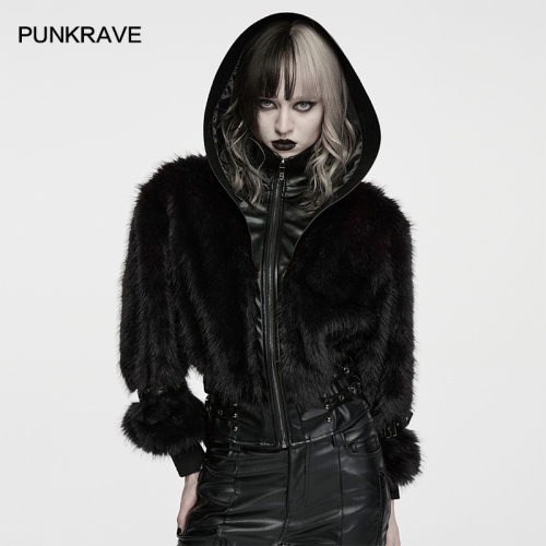 Punk Rave WY-1996XDF Hooded Stand Collar Punk Faux Fur Leather Coat