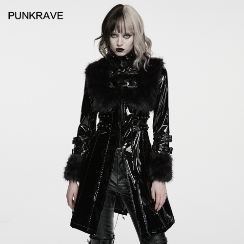 Punk Rave WY-1995PCF Black Patent Leather And Faux Silver Fox Fur Punk Patent Leather Jacket